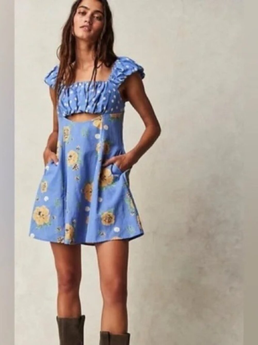 Free People Blue Yellow Floral Polka Dot Smocked Mini Dress XL - Picture 9 of 10